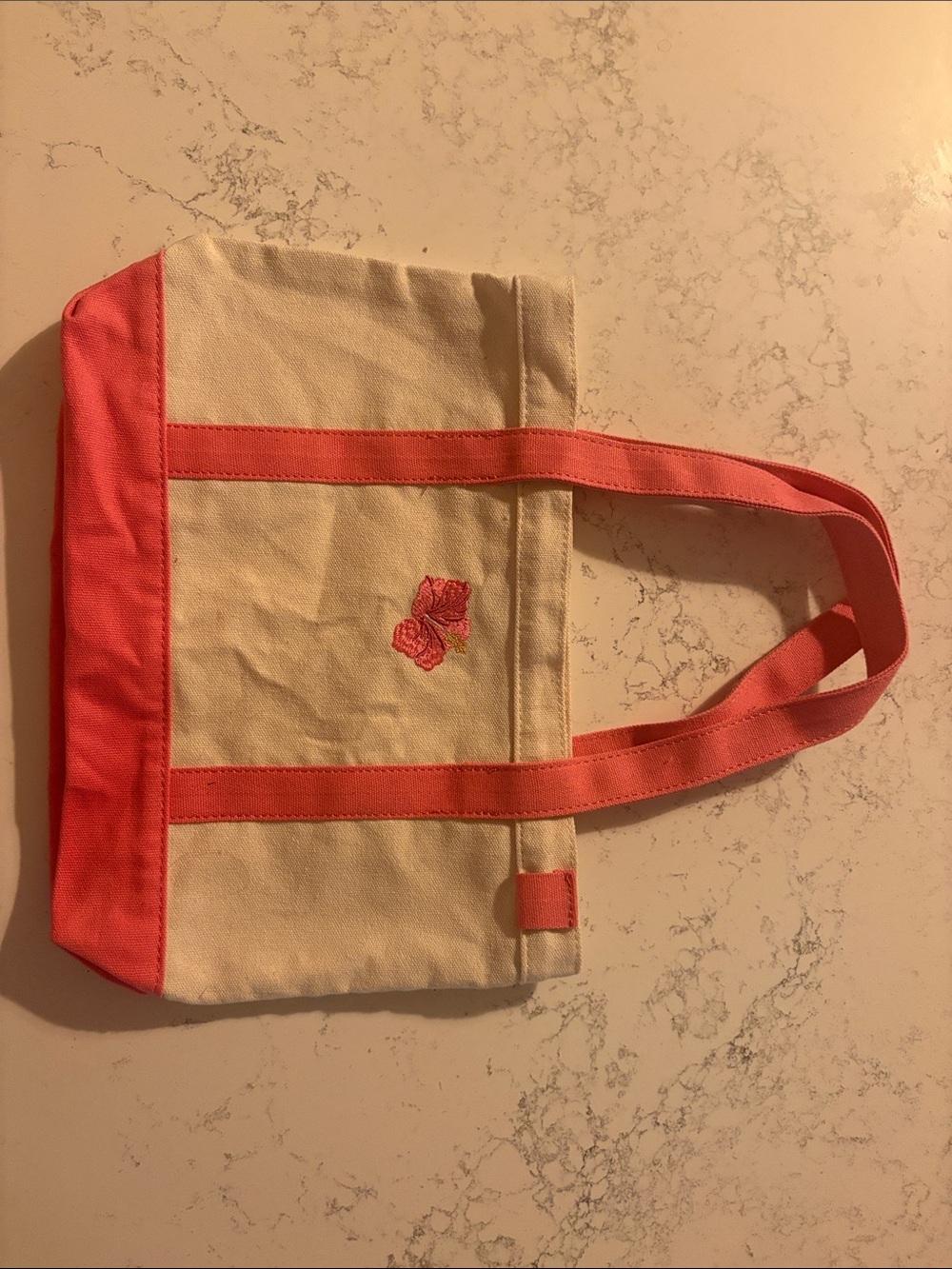 Canvas Tote Bag with Coral Trim and Floral Accent